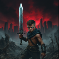 A determined boy stands in a devastated landscape, wielding a large sword. Dark flames glow ominously in the background, symbolizing resilience against the shadows of the past.