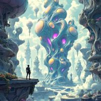 A solitary figure gazes at towering, swirling structures in a fantastical landscape filled with vibrant colors and ethereal elements, embodying the balance between order and chaos.