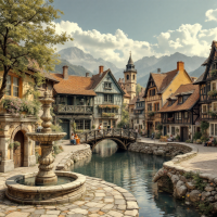 A quaint village with charming houses, a stone bridge, and a fountain by a scenic river, embodying the essence of stories over maps in capturing a place's truth.