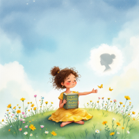 A young girl in a yellow dress sits in a flower-filled meadow, holding a book. A soft cloud above her hints at the theme of forgiveness and letting go of hurt.