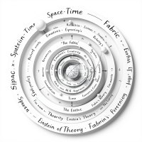 A spiraling diagram illustrates the interconnection of space-time concepts, featuring terms like Fabric, Time, and Theory, embodying the complexity of logic in understanding the universe.