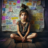 A young girl sits cross-legged on a wooden floor, gazing thoughtfully at a wall covered with colorful notes and quotes, embodying the curiosity and wonder of understanding the universe.