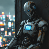 A worn, humanoid robot with glowing blue eyes and a digital screen on its chest leans against a wall, reflecting a sense of melancholy in a futuristic cityscape.