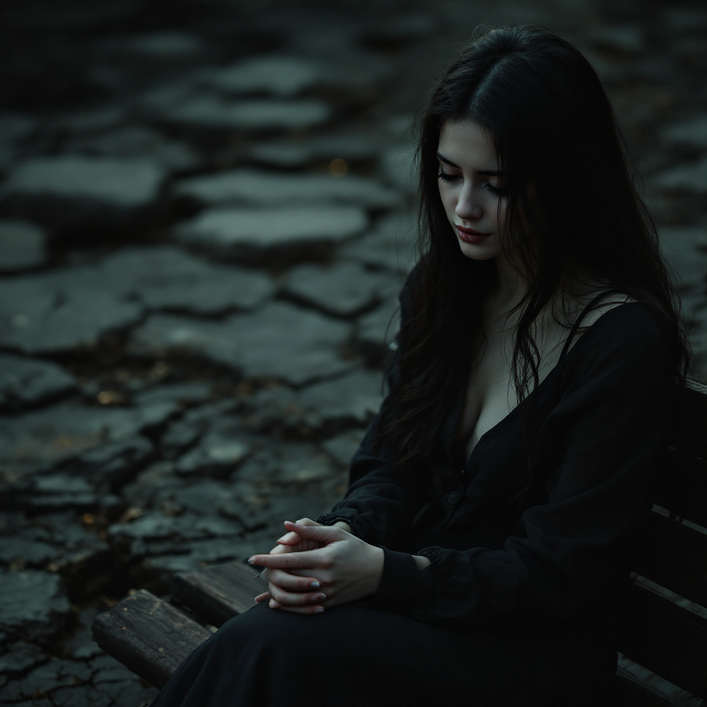 A contemplative young woman sits on a bench, her hands clasped, looking down thoughtfully against a backdrop of cracked earth, reflecting on unexpressed love and regret.