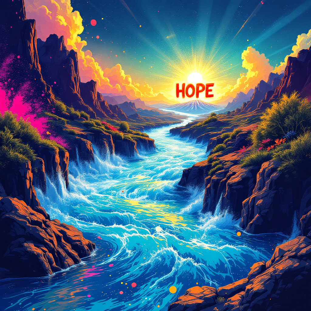 A vibrant river flows through majestic mountains under a radiant sun, with the word HOPE prominently displayed, embodying the idea of hope bursting forth like a great river.