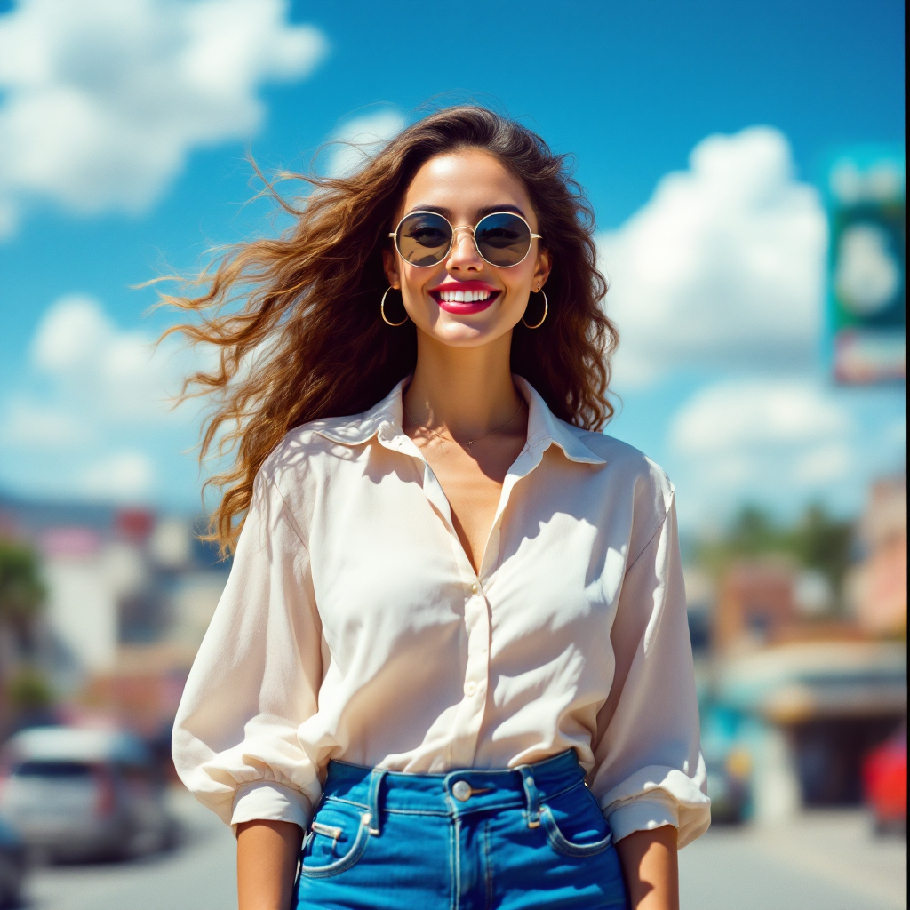 A smiling woman with long, flowing hair wears sunglasses and a light shirt, confidently standing against a vibrant sky and city backdrop, embodying the spirit of questioning reality.