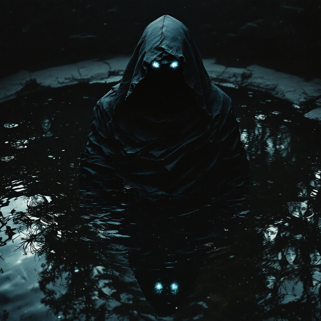 A cloaked figure with glowing blue eyes emerges from a dark, reflective pool, embodying the essence of mysterious identities and the enigma of self-discovery.