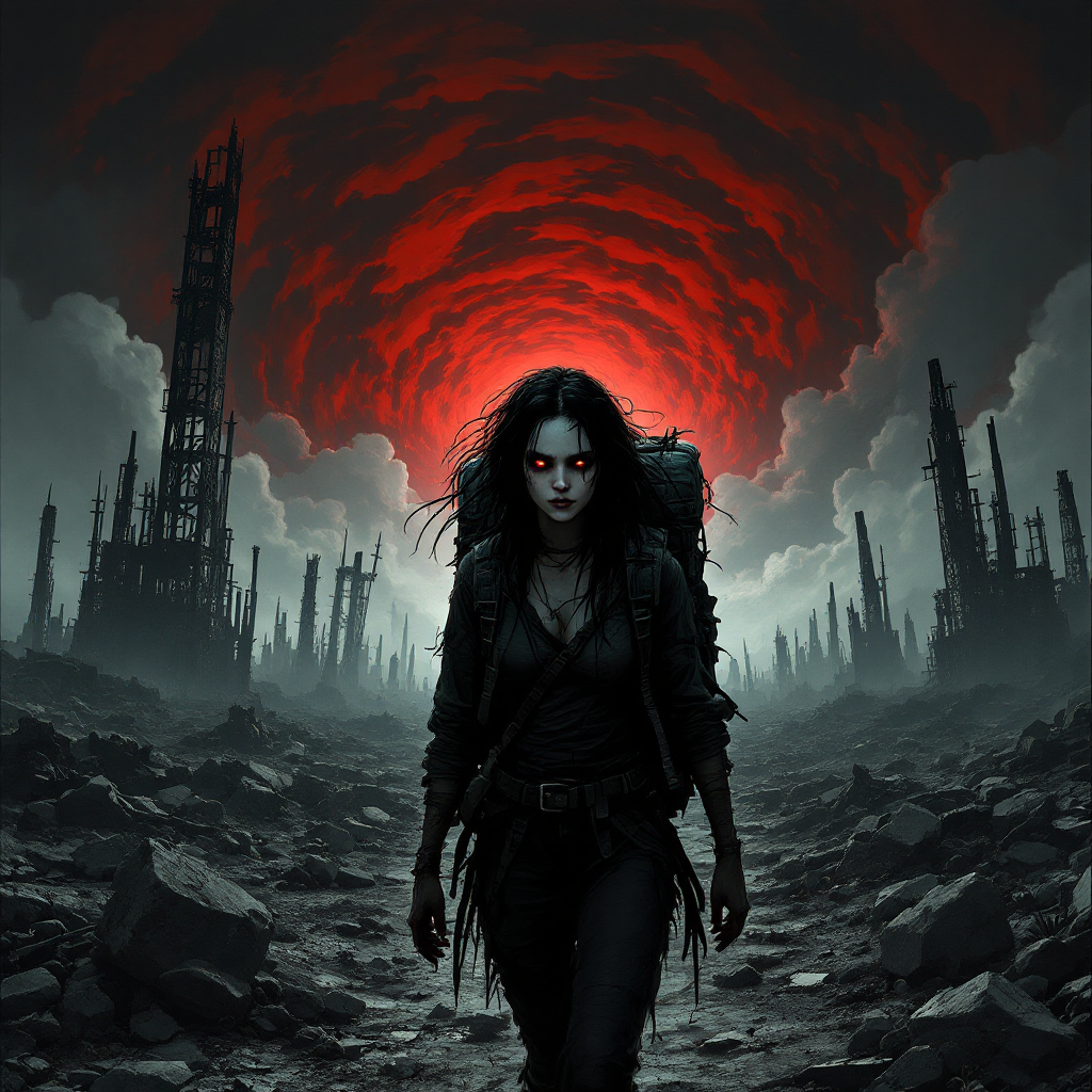 A lone figure with glowing red eyes walks through a desolate landscape, under a swirling red sky, embodying the turmoil of a world torn apart to save another.