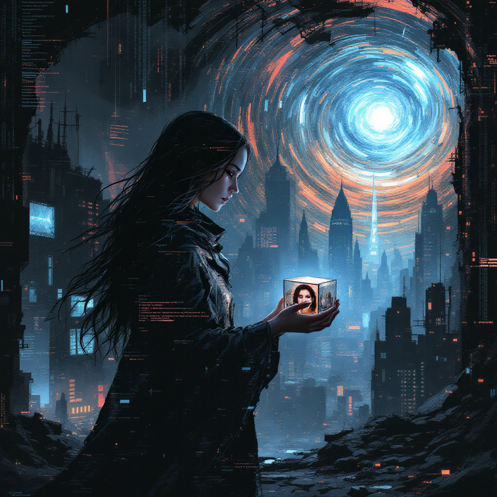 A figure in a dark cloak stands amidst a futuristic cityscape, holding a glowing cube that contains an image of a person, reflecting the quote about the importance of saving just one.