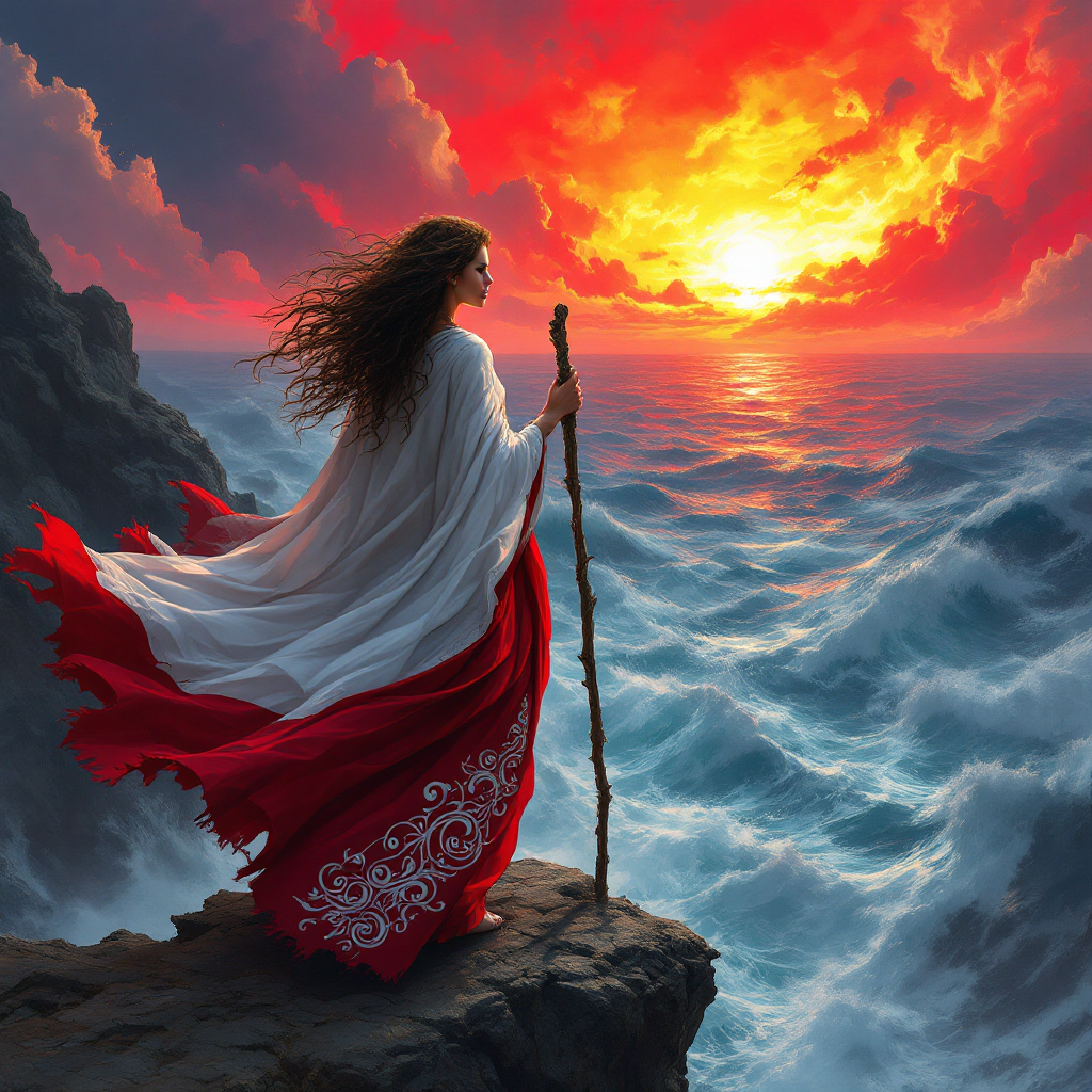 A figure in a flowing white and red garment stands on a rocky cliff, wielding a staff, gazing towards a dramatic sunset over turbulent seas, embodying the courage to face fear.