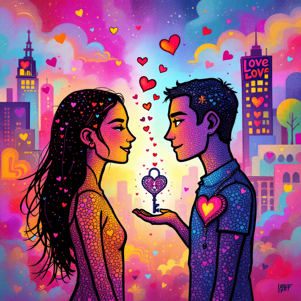 A vibrant illustration of a couple gazing into each other's eyes, surrounded by colorful hearts and urban scenery, symbolizing the complex interplay of love and loyalty.