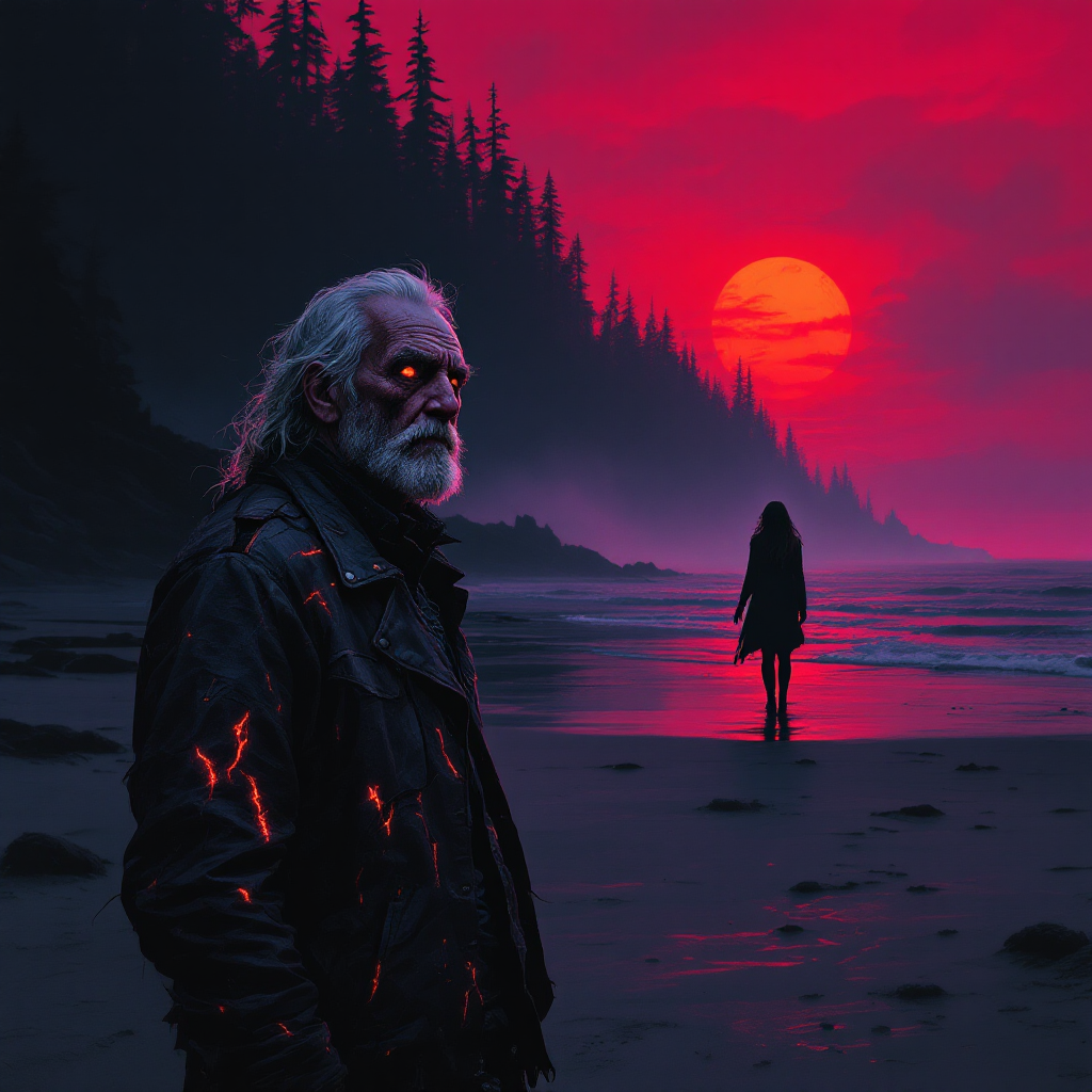 A weathered old man stands on a beach at sunset, with fiery eyes reflecting emotions, while a shadowy figure walks away, embodying themes of choice and vulnerability from a poignant quote.