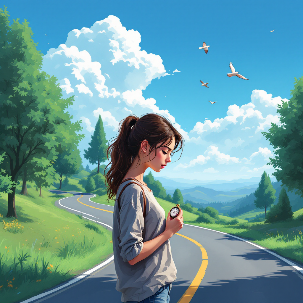 A young woman stands by a winding road, holding a compass, surrounded by lush greenery and a bright blue sky, embodying the unpredictability of life's moments.