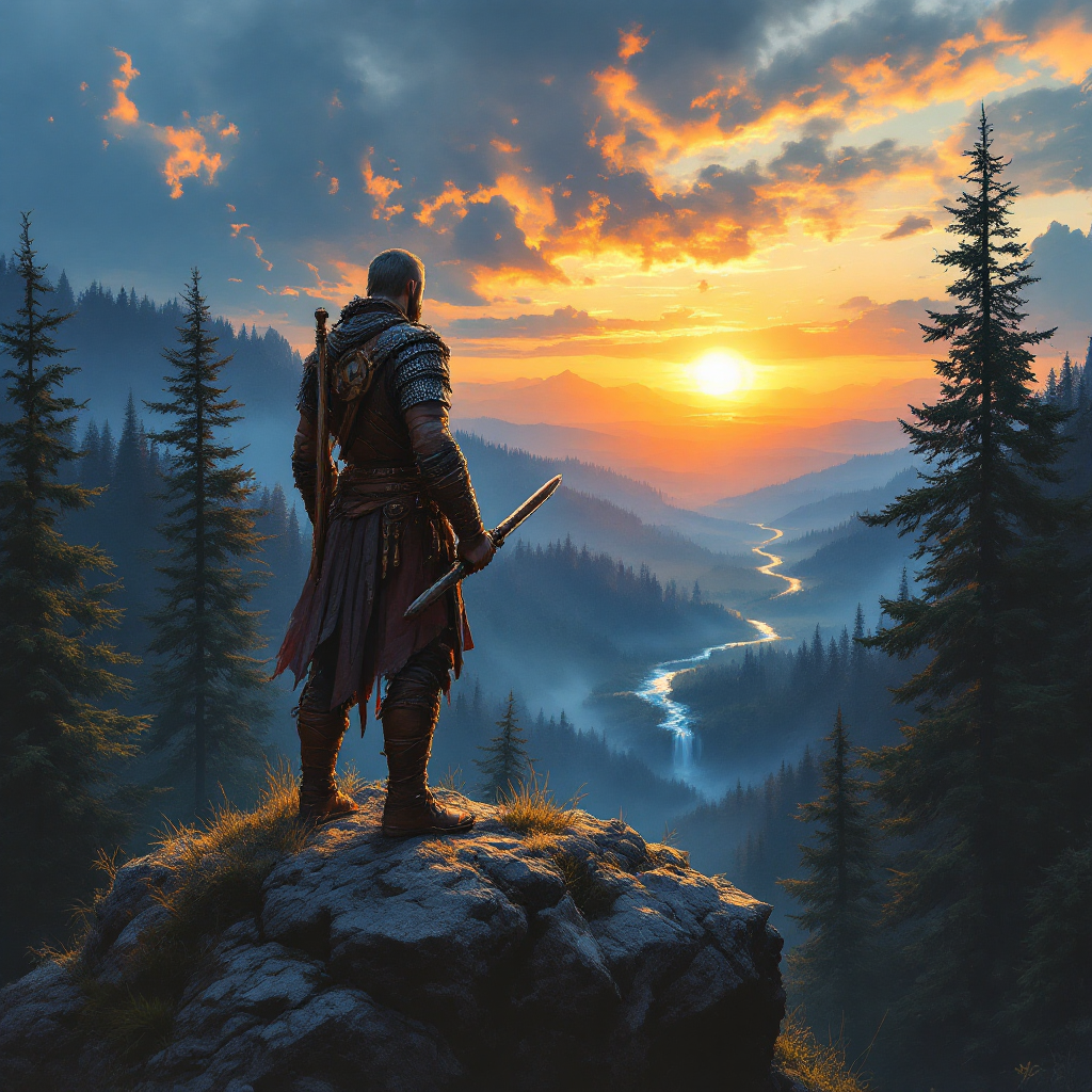 A lone warrior stands on a rocky outcrop, gazing at a vibrant sunset over a winding river, surrounded by tall trees, embodying the theme of strategic retreat and planning.