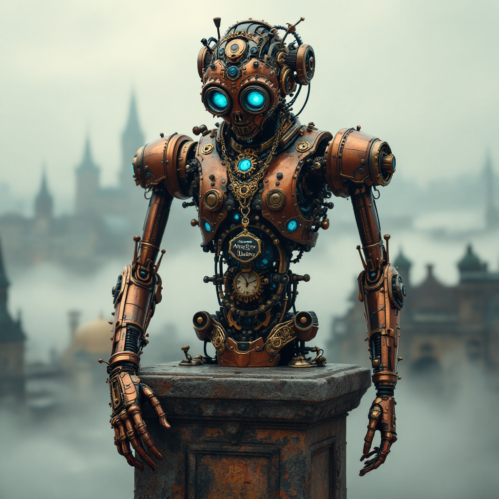 A steampunk robot stands atop a ledge, adorned with gears and glowing blue eyes, embodying the idea that identity is shaped by one's own choices and creations.