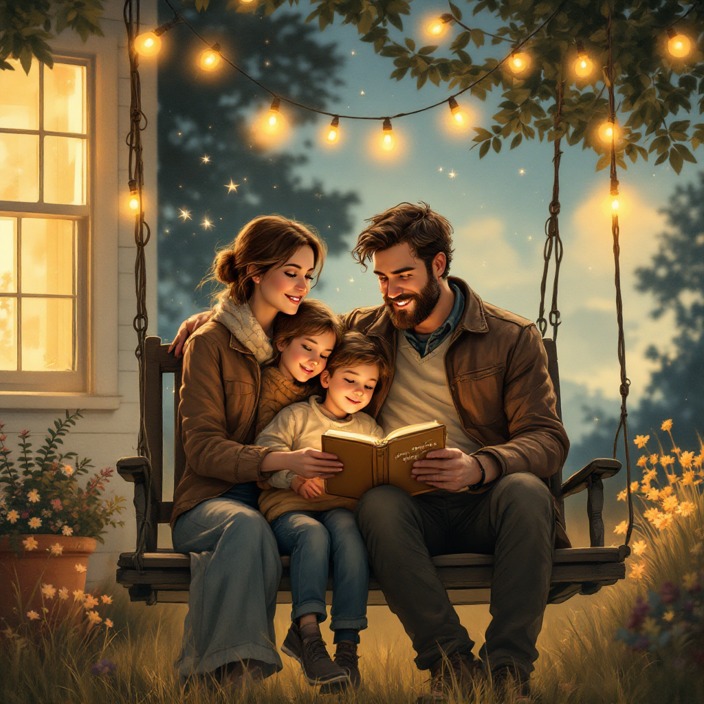 A family sits on a swing under warm string lights, reading together. Their joyful expression contrasts with the weight of a world full of unexpected challenges for their children.