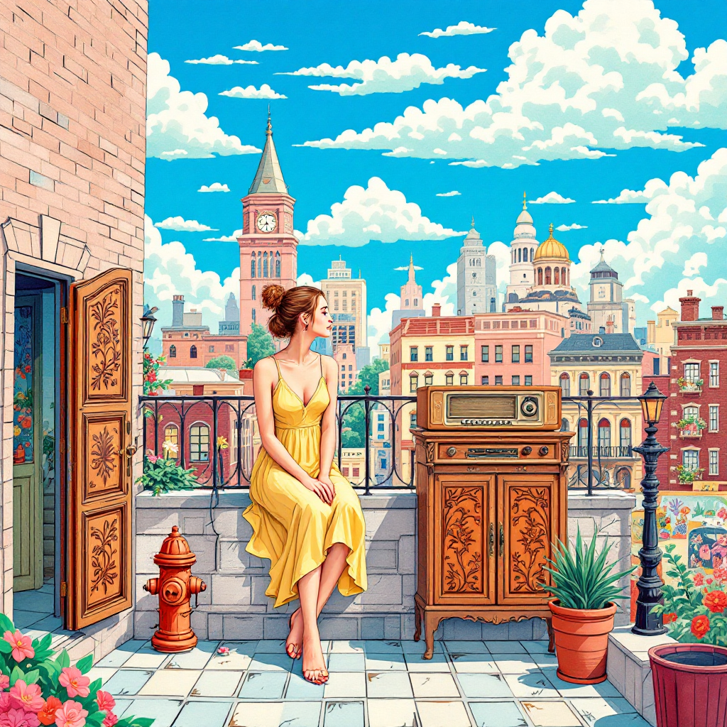 A woman in a yellow dress sits on a vibrant New York balcony, enjoying a sunny afternoon. The skyline features iconic buildings against a clear blue sky, capturing a serene urban moment.