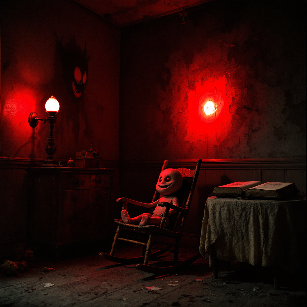 In a dark room illuminated by red light, a sinister doll sits in a rocking chair, while a menacing shadow looms on the wall, embodying the fear of a bad imagination.