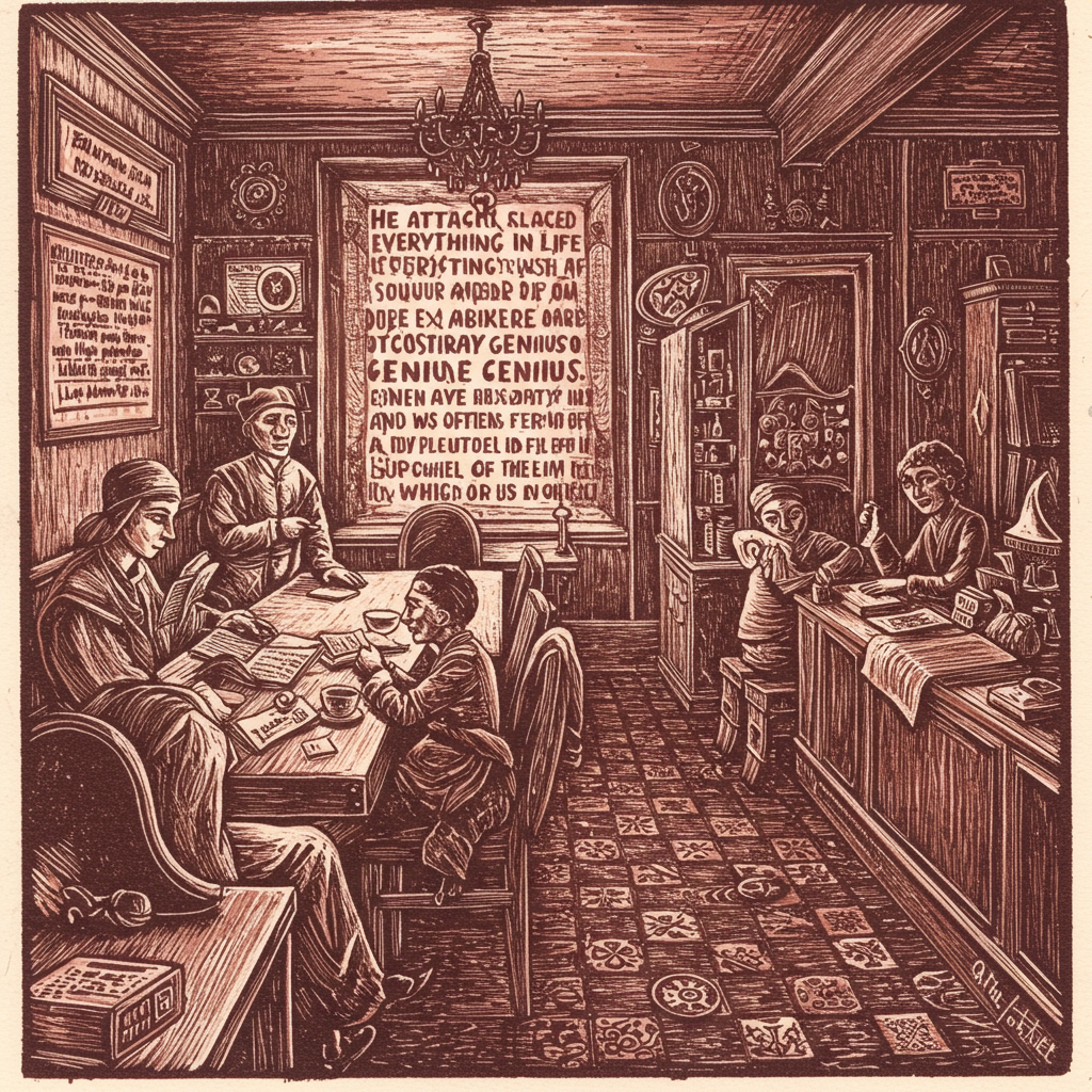 A vintage-style illustration depicts a bustling room where various characters engage in conversation, surrounded by books and documents, reflecting a blend of genius and naïveté.