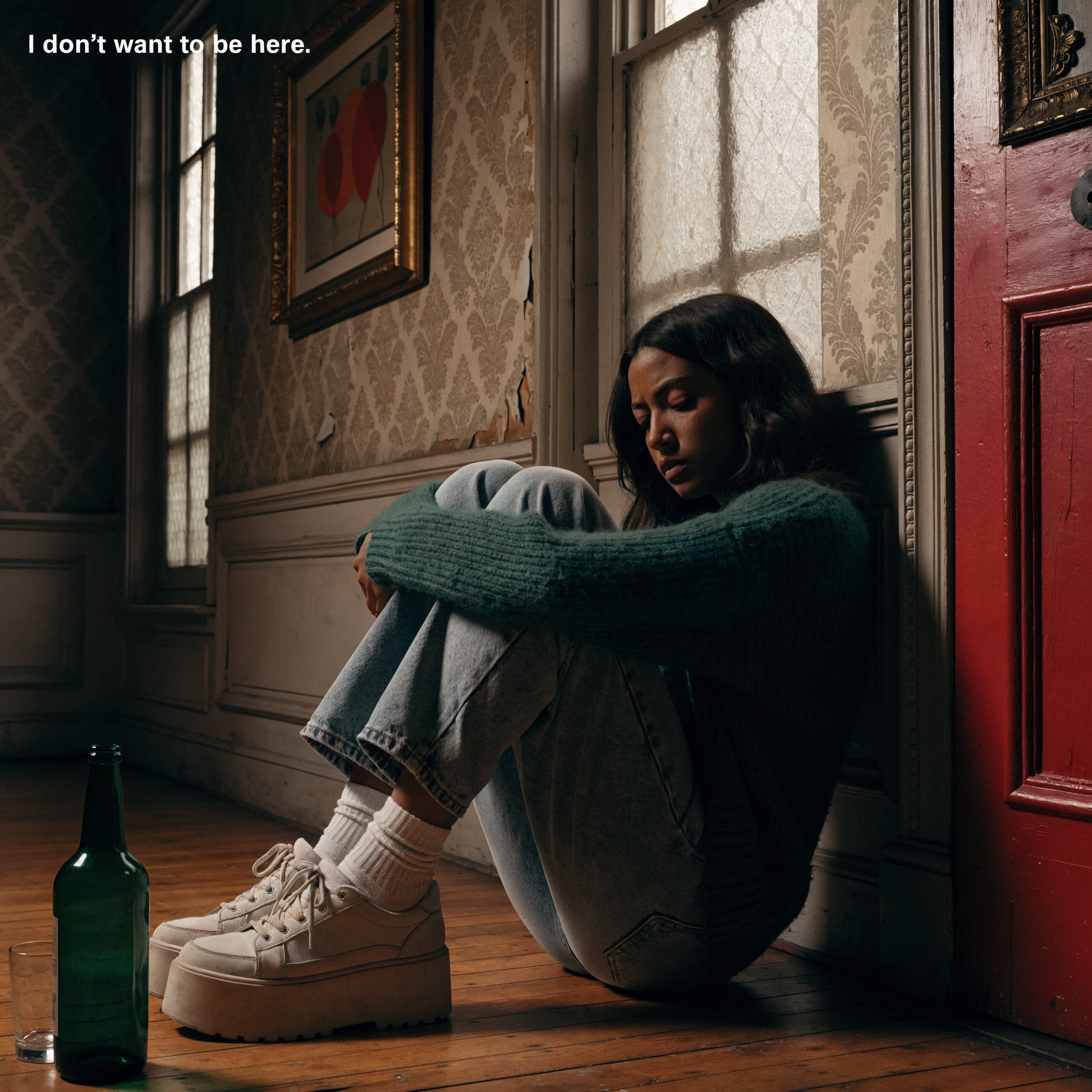 A young person sits alone on the floor in a dim, worn room, hugging their knees with a somber expression, next to an empty bottle and the text I don’t want to be here.