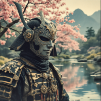 A masked warrior in ornate armor stands by a tranquil pond, surrounded by cherry blossoms and mountains, symbolizing the concept of identity as a disguise in the digital world.