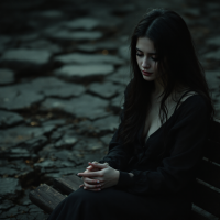 A contemplative young woman sits on a bench, her hands clasped, looking down thoughtfully against a backdrop of cracked earth, reflecting on unexpressed love and regret.