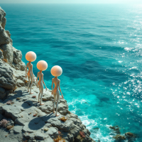 Three humanoid figures with large, round heads stand on a rocky shore, gazing out at a shimmering ocean, embodying the quest for starfarers mentioned in the quote.