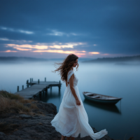 A woman in a flowing white dress stands by a misty lake at dawn, the silhouette of a small boat nearby, embodying the spirit of seeking a Great Perhaps.