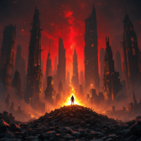 A solitary figure stands atop a mound of rubble, silhouetted against a fiery horizon of tall, jagged skyscrapers, embodying the theme of transformation from destruction to rebirth.