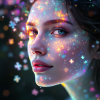 A close-up of a woman's face adorned with a shimmering pattern of colorful stars and puzzle-like shapes, reflecting the complexity of finding truth, as noted in the quote.