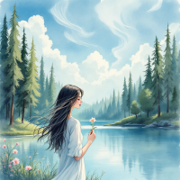 A serene landscape features a young woman in a flowing dress, holding a flower by a calm lake, surrounded by tall trees under a sky painted with gentle clouds, reflecting the theme of fate's sudden changes.