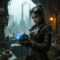 A steampunk-inspired woman with goggles holds a glowing device in a dimly lit workshop, surrounded by machinery and industrial elements, embodying resilience and creativity amidst pain.