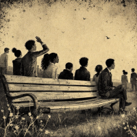 A nostalgic scene depicts a group of people sitting on a bench, gazing into the distance, illustrating the human experience of seeking connection amid solitude.