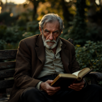 An elderly man with a weary expression sits on a bench, holding an open book. The surrounding garden is lush, illuminated by warm, soft light, reflecting a moment of introspection.