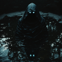 A cloaked figure with glowing blue eyes emerges from a dark, reflective pool, embodying the essence of mysterious identities and the enigma of self-discovery.