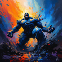 A powerful blue figure emerges from an explosion of vibrant colors, embodying resilience and raw strength, illustrating humanity's resourcefulness when faced with challenges.