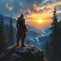 A lone warrior stands on a rocky outcrop, gazing at a vibrant sunset over a winding river, surrounded by tall trees, embodying the theme of strategic retreat and planning.