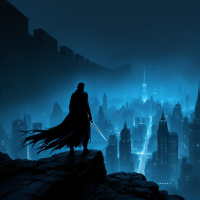 A shadowy figure in a dark cloak stands atop a cliff, gazing over a glowing, icy cityscape, evoking the foreboding sense of Winter is coming.