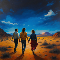 Three figures walk hand in hand across a desert landscape under a dramatic sky, evoking the quote, They are not lost, who go into the West and find their way home.