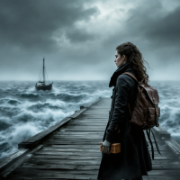 A figure stands on a stormy pier, gazing at a distant boat in turbulent waters, embodying the quote: Every journey begins with a single step into the unknown.