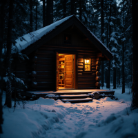 A cozy log cabin illuminated from within stands amidst a snowy forest at dusk, evoking a sense of warmth and mystery, reflecting the idea that words and truth can be elusive.