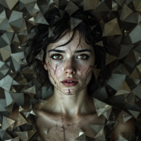 A young woman with striking eyes and a distressed expression gazes directly at the viewer, surrounded by fragmented shapes, embodying resilience and the essence of survival.