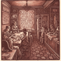 A vintage-style illustration depicts a bustling room where various characters engage in conversation, surrounded by books and documents, reflecting a blend of genius and naïveté.