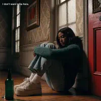 A young person sits alone on the floor in a dim, worn room, hugging their knees with a somber expression, next to an empty bottle and the text I don’t want to be here.