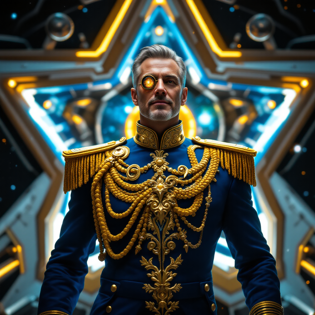 A supercilious Hockner super-lieutenant stands confidently, adorned in a blue uniform with intricate gold braid and a monocle, framed by a glowing star-shaped backdrop.