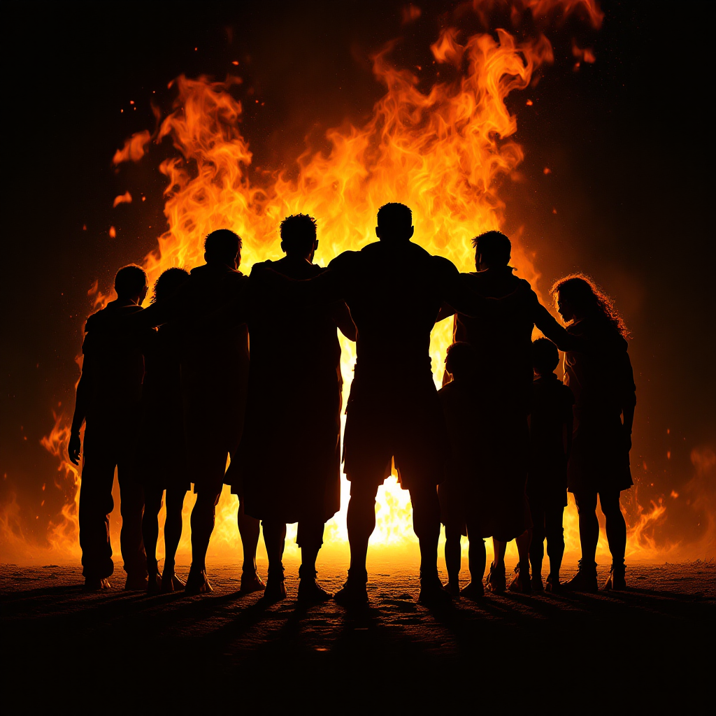 Silhouettes of a diverse group of people stand united against a backdrop of vibrant flames, symbolizing resilience and unity forged through shared adversity.