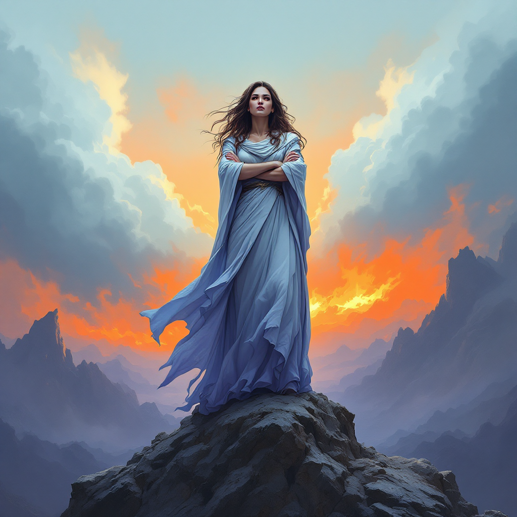 A powerful woman in a flowing blue dress stands confidently on a rocky peak, gazing into the horizon, embodying the essence of perseverance against a dramatic sunset backdrop.