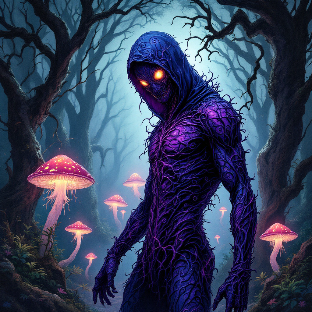 A shadowy figure cloaked in dark purple vines stands in a misty forest, glowing eyes peering out, surrounded by luminous mushrooms, embodying hidden inner monsters.