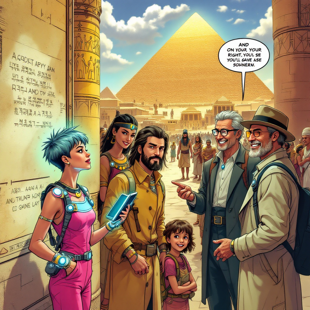 A futuristic group discusses time travel near the Great Pyramid, blending past and future. The scene captures curiosity about the absence of tourists from the future.