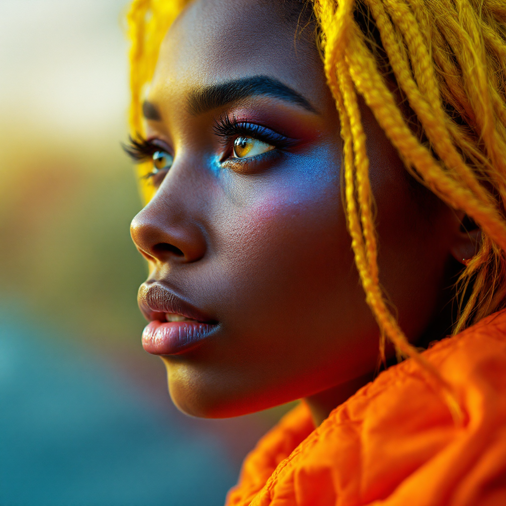 A close-up portrait of a young person with vibrant yellow hair and striking makeup, gazing contemplatively into the distance, evoking the sentiment of deep thought and longing from the quote.